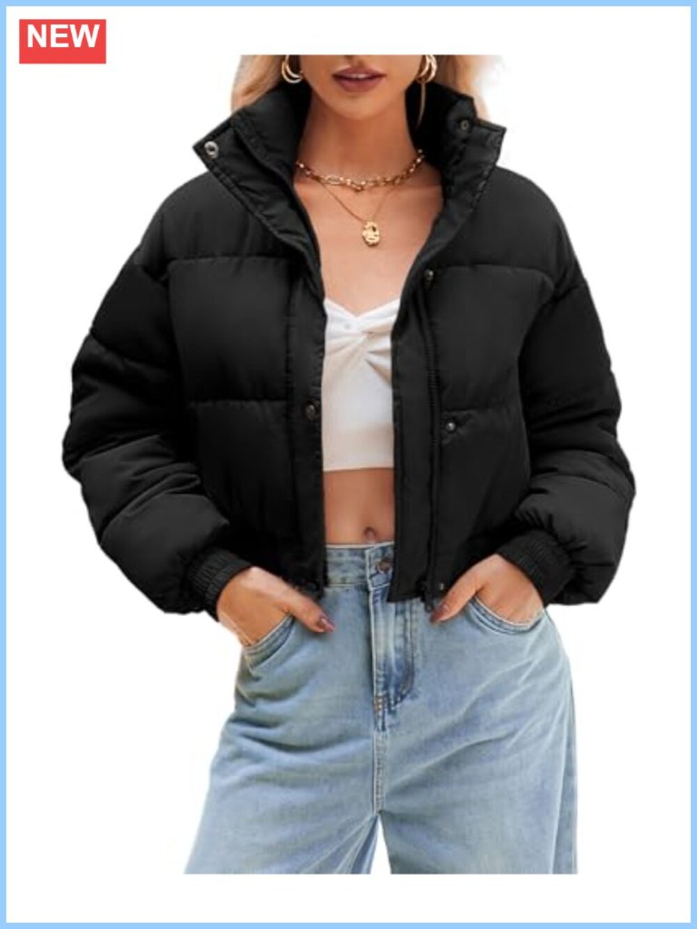 Cropped Puffer Jacket Quilted Womens 100% Polyester Zip Stand Collar